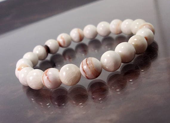 love beach youth 8mm Stretchable White White Onyx  Bracelet Round, Smooth 7" for mens, womens.
