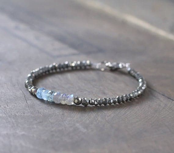 925 sterling silver Natural 2.5-5mm Multi Colour Labradorite, Aquamarine & Pyrite stacking Bracelet Rondelle, Faceted 18cm for mens, womens, gf, bf and adults.
