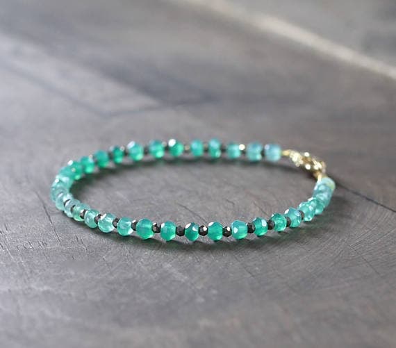 24k gold Grounding 3mm Multi Colour Green Onyx & Pyrite  stacking Bracelet Rondelle, Faceted 18cm for mens, womens, gf, bf and adults.