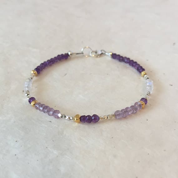 Amethyst Pink Amethyst Moonstone Karen Hill Tribe Thai Silver and Gold Beaded Bracelet, Sundance Style, February Birthstone, Dainty Bracelet 3-4mm Code- WAR6423