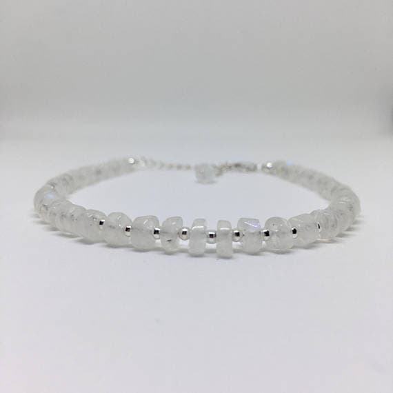 925 sterling Silver Rock Gift Silver Helling 4x2-5x3mm stacking White Rainbow Moonstone Bracelet Rondelle, Smooth 7" for mens, womens, gf, bf & Adult.