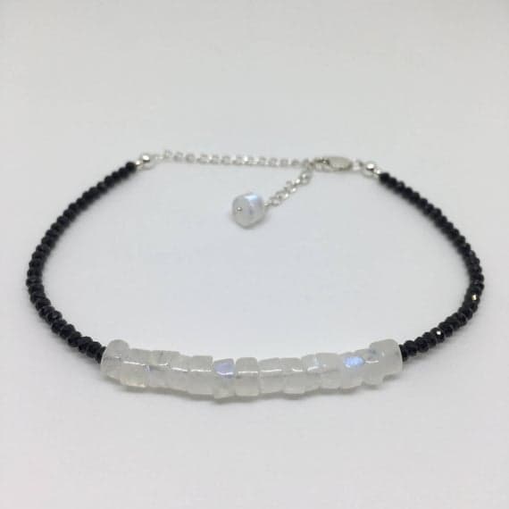 925 sterling Silver Unique Wedding Gift 4x2-5x3mm stacking Black & White Rainbow Moonstone and Black Spinel  Bracelet Rondelle, Faceted & Smooth 7" for mens, womens, gf, bf & Adult.