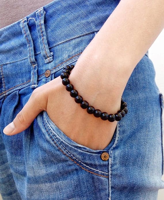 Empath Protection 8mm Black BLACK onyx Stretchable Bracelet Round, Smooth 18cm for mens, womens, gf, bf and adults.