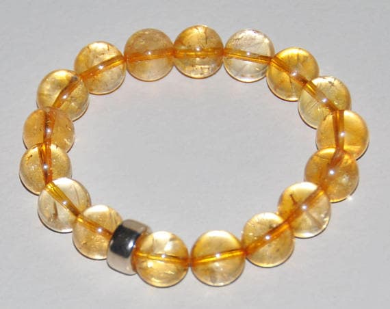 925 sterling silver memorial gift 10mm Golden Gold en Citrine Stretchable Bracelet Round, Smooth 18cm for mens, womens, gf, bf and adults.