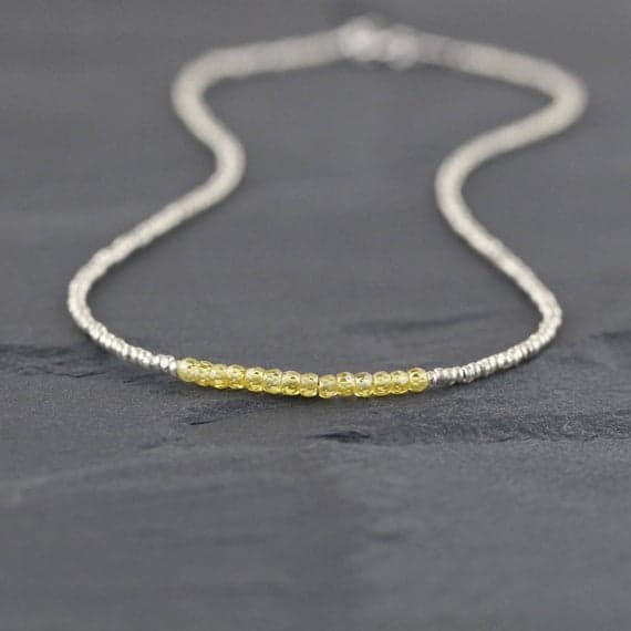 925 sterling Silver memorial gift Silver HELLING 3-3.5mm stacking Yellow Yellow Zircon Necklace Round, Faceted 16" for mens, womens, gf, bf & Adult.