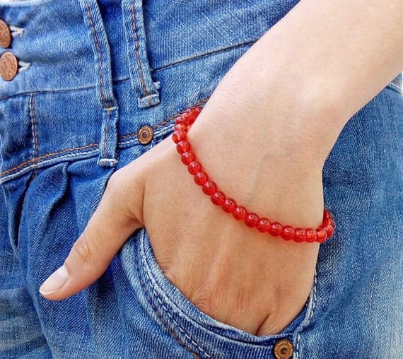Anniversary Gift 4mm Red Carnelian Stretchable Bracelet Round, Smooth 18cm for mens, womens, gf, bf and adults.