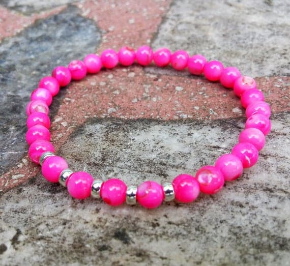 925 sterling silver Bridesmaid Jewelry 6mm Pink Coral Stretchable Bracelet Round, Smooth 18cm for mens, womens, gf, bf and adults.