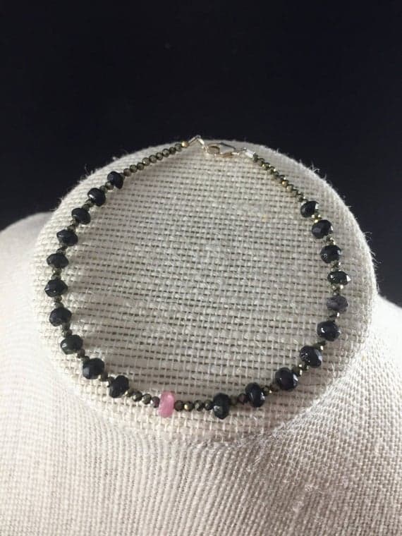 925 sterling Silver memorial gift 3-8mm stacking Black Watermelon Tourmaline and Pyrite Bracelet Round & Rondelle, Faceted 7" for mens, womens, gf, bf & Adult.