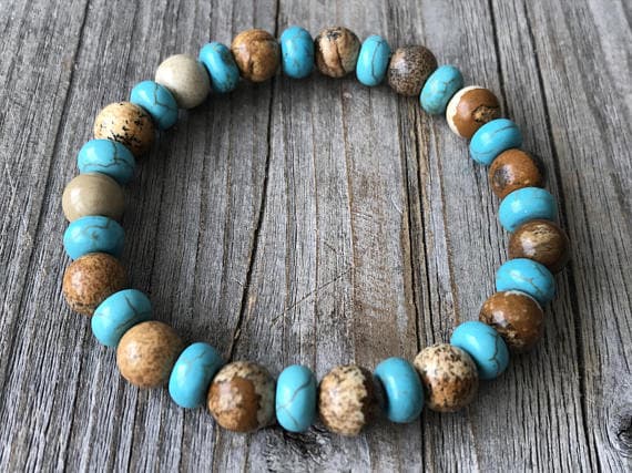 Personalized Gift 8mm Stretchable brown & Blue brown jasper & Tourquise Bracelet Rondelle, Smooth 7" for mens, womens, GF, BF, Adults.