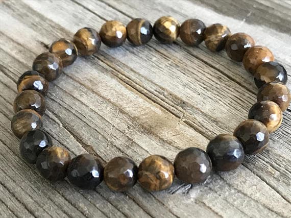Unique Wedding Gift 8mm Stretchable brown Brown Tiger Eye Bracelet Round, Faceted 7" for mens, womens, GF, BF, Adults.