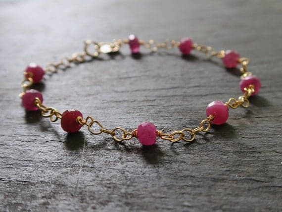 24k gold Plated love beach youth 4mm stacking Pink Ruby Bracelet Round, Faceted 7" for mens, womens.