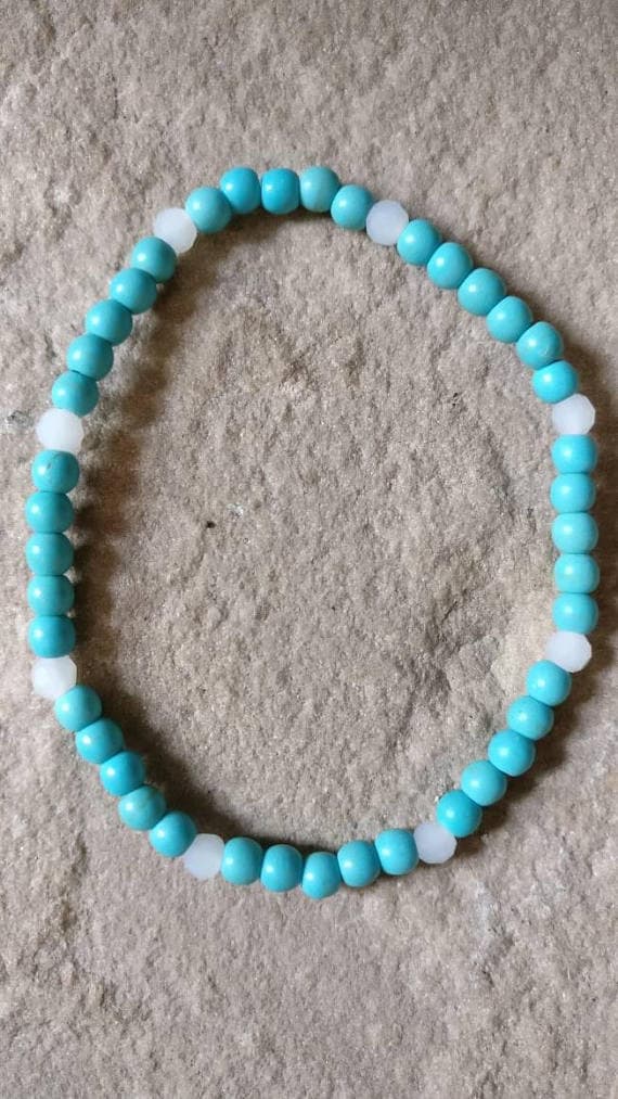 Positive Energy 4mm Multi Colour Turquoise & white fire glass  Stretchable Bracelet Round, Smooth 18cm for mens, womens, gf, bf and adults.