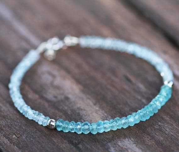 925 sterling Silver Personalized Gift Silver Helling 4mm stacking Sky Blue Natural Green Apatite and Sky Blue Topaz Bracelet Rondelle, Faceted 7" for mens, womens, gf, bf & Adult.