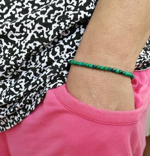 Handmade Beaded 4mm Green Chrysocolla Stretchable Bracelet Round, Smooth 18cm for mens, womens, gf, bf and adults.