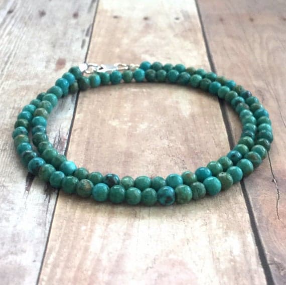 925 sterling silver Empath Protection 4mm Green Genuine Turquoise stacking Bracelet Round, Smooth 18cm for mens, womens, gf, bf and adults.