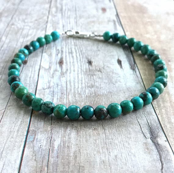 925 sterling silver chakras simple 4mm Green Genuine Turquoise stacking Bracelet Round, Smooth 18cm for mens, womens, gf, bf and adults.