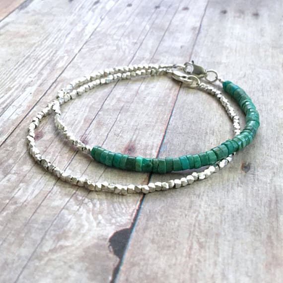 925 sterling silver memorial gift 4mm Green Genuine Turquoise  stacking Bracelet Rondelle, Faceted 18cm for mens, womens, gf, bf and adults.