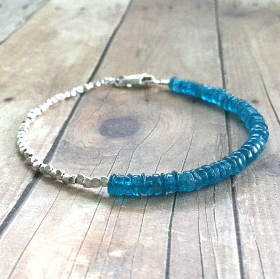 925 sterling silver Bridesmaid Jewelry 5mm Blue Neon Apatite  stacking Bracelet Rondelle, Smooth 18cm for mens, womens, gf, bf and adults.