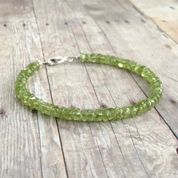 925 sterling silver Unique Wedding Gift 4mm Green Peridot stacking Bracelet Rondelle, Faceted 18cm for mens, womens, gf, bf and adults.
