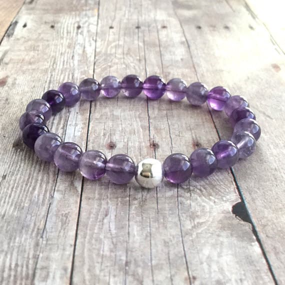 925 sterling silver love beach youth 8mm Purple Natural Amethyst Stretchable Bracelet Round, Smooth 18cm for mens, womens, gf, bf and adults.