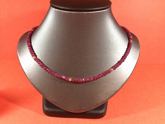 24k gold Plated chakras simple Gold Helling 4-5mm stacking Red Ruby Necklace Rondelle, Faceted 16" for mens, womens, gf, bf & Adult.