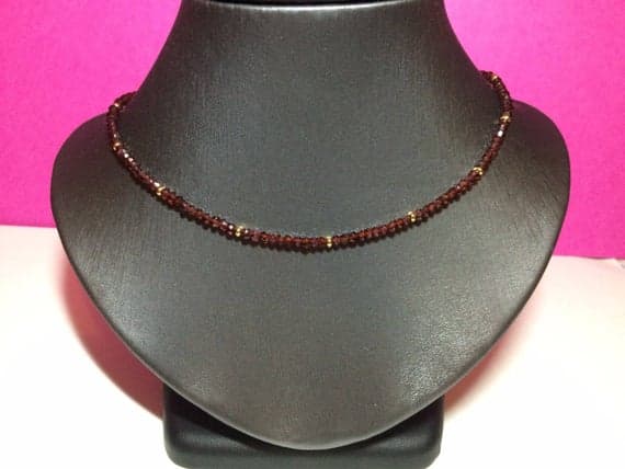 24k gold Plated memorial gift Gold HELLING 3-4mm stacking Red Garnet Necklace Rondelle, Faceted 16" for mens, womens, gf, bf & Adult.