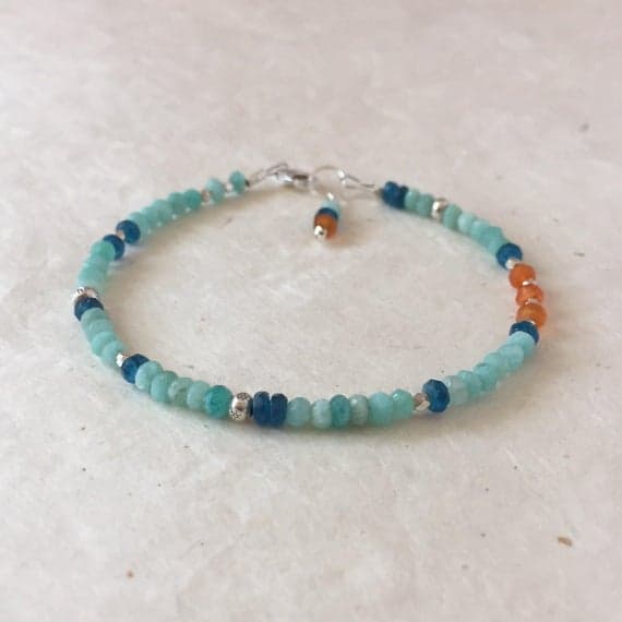 Amazonite London Blue Quartz Carnelian Karen Hill Tribe Thai Silver Beaded Bracelet, Sundance Style, Dainty Bracelet, Layering Bracelet 4mm Code- WAR6475