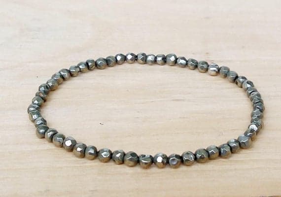 Handmade Beaded 4mm Silver PIRITE Stretchable Bracelet Round, Smooth 18cm for mens, womens, gf, bf and adults.