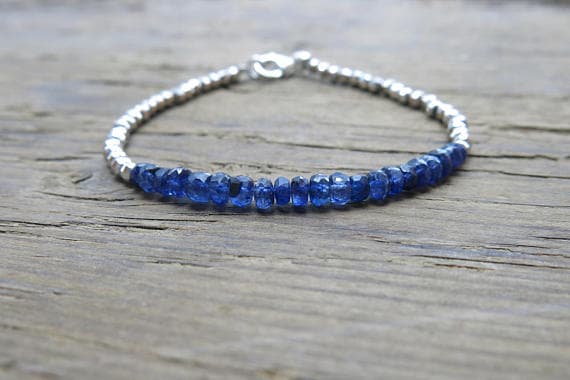 925 sterling Silver memorial gift Silver Helling 3.5-5mm stacking Blue Blue sapphire Bracelet Rondelle, Faceted 7" for mens, womens, gf, bf & Adult.