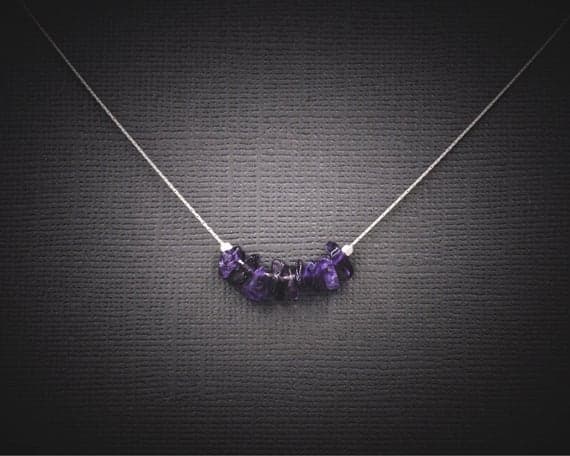 925 sterling Silver Empath Protection 4x6mm stacking Purple Amethyst Necklace Chips, Smooth 16" for mens, womens, gf, bf & Adult.