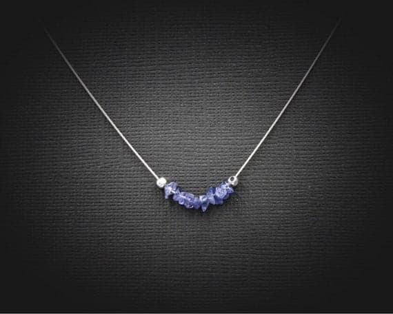 925 sterling Silver Anxiety Gemstone 4x6mm stacking Blue Tanzanite Necklace Chips, Faceted 16" for mens, womens, gf, bf & Adult.