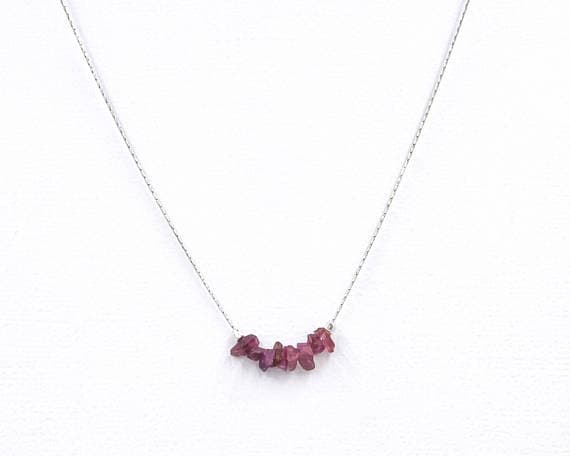 925 sterling Silver Personalized Gift 4x6mm stacking Red Raw Ruby Necklace Chips, Faceted 16" for mens, womens, gf, bf & Adult.