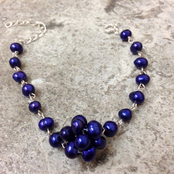 Blueberry Freshwater cultered Pearl semi precious Gemstone Cluster 925 sterling silver chain Bracelet 6/7mm Code- WAR6622