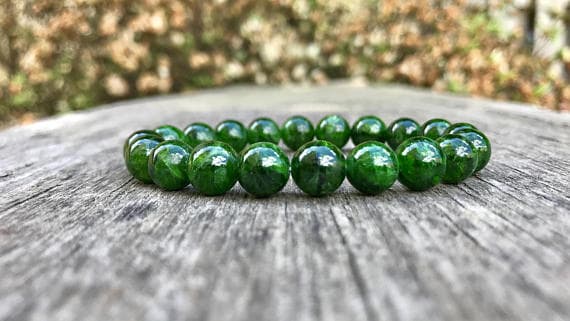 Anxiety Gemstone 9mm Stretchable Green Chrome Diopside Bracelet Round, Smooth 7" for mens, womens, gf, bf & Adult.