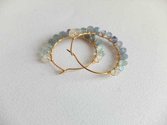 AAA++ Rare Quality Ombre Aquamarine earrings hoop gemstone Gold  filled hoop wire wrapped earring boho hoop beaded earring shaded aquamarine jewelry,Gold  filled 4 mm Code- TJH200