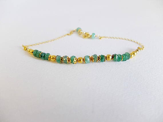 AAA++ Rare Quality Dainty stackable green Emerald gemstone bracelets, stackable , green emerald bracelet with filigree caps and spacers in Gold  fill, stackable 3 mm Code- TJH112