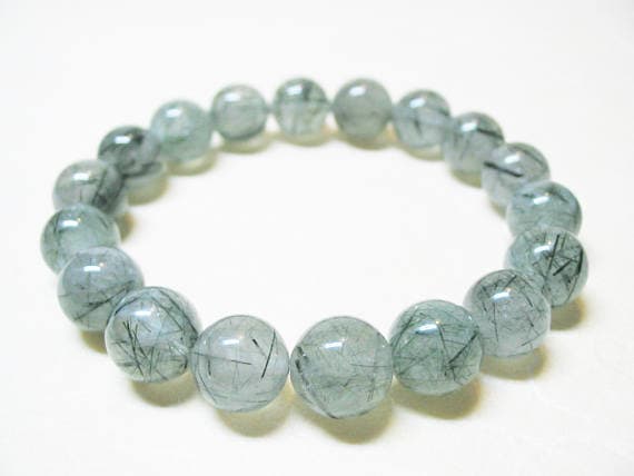 memorial gift 10mm Stretchable green Green Rutilated Quartz Bracelet Round, Smooth 7.5" for mens, womens, GF, BF, Adults.