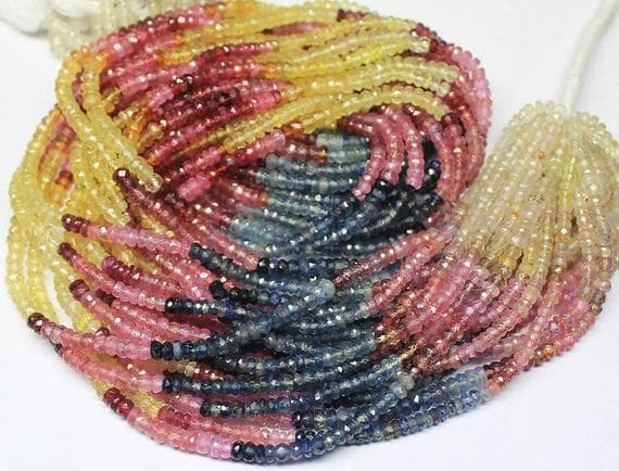 yellow pink blue sapphire rondelle faceted 14'' long strand gemstone beads, jewelry supplies for jewelry making, bulk beads, for meditation jewellery for Reiki Healing  gemstone 4mm