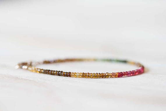925 sterling silver Anxiety Gemstone 2.5-3mm Multi Colour Petro Tourmaline & Padparadshca Sapphire stacking Bracelet Rondelle, Faceted 18cm for mens, womens, gf, bf and adults.