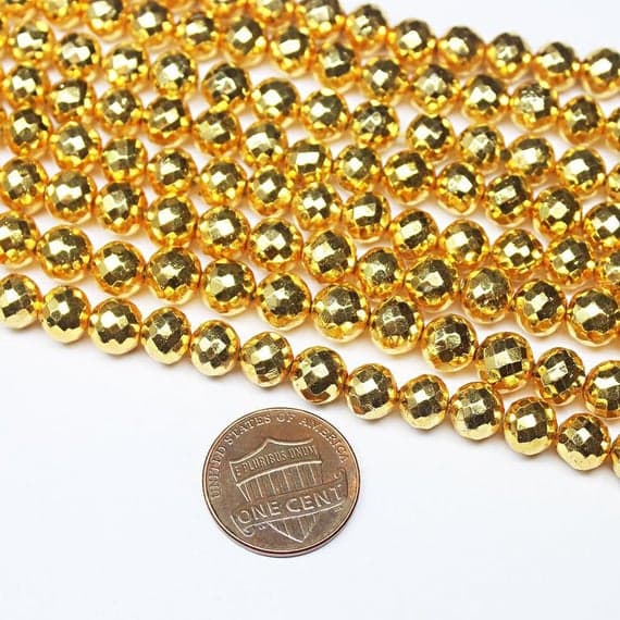 pyrite round ball faceted 12'' long strand gemstone beads, jewelry supplies for jewelry making, bulk beads, for meditation jewellery for Reiki Healing  gemstone 7mm