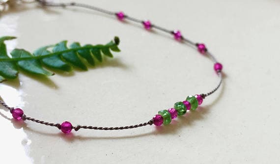 SALE tiny rubies and tsavorite green garnets bracelet, ruby and garnet bracelet, knotted bracelet, handcrafted, July birthstone 2-3mm Code- WAR6096