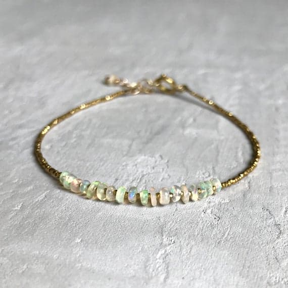 24k gold Plated memorial gift Gold Helling 3-4mm stacking White Ethiopian opal Bracelet Rondelle, Smooth 7" for mens, womens, gf, bf & Adult.