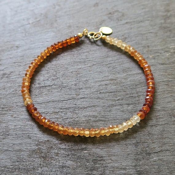 24k gold Plated Anniversary Gift 4mm stacking Orange Hessonite Garnet  Bracelet Rondelle, Faceted 7" for mens, womens.