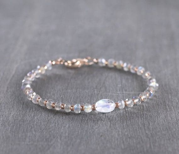 24k gold memorial gift 6-7mm White Labradorite & Moonstone  stacking Bracelet Rondelle,oval, Faceted 18cm for mens, womens, gf, bf and adults.
