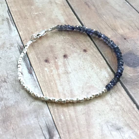 925 sterling silver good luck gift 4mm Blue Iolite stacking Bracelet Rondelle, Faceted 18cm for mens, womens, gf, bf and adults.