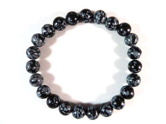 Dainty Slave Loose 8mm Stretchable Black Snowflake Obsidian Bracelet Round, Smooth 7" for mens, womens, gf, bf & Adult.