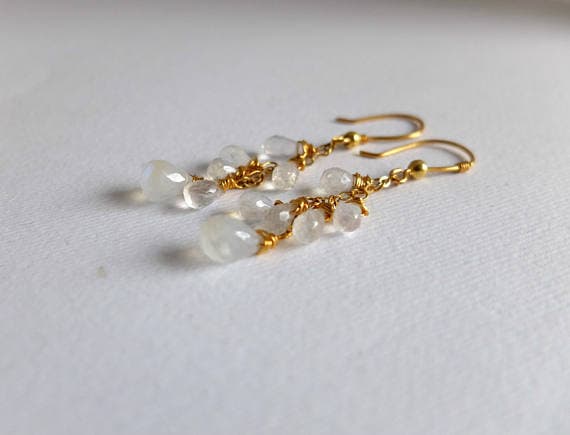 AAA++ Rare Quality Long,gemstone drops cascade,Moonstone earrings, genuine rainbow moonstone Gold  filled,Moonstone Earrings Cluster Earrings Cascade Earrings 8-9 mm Code- TJH199