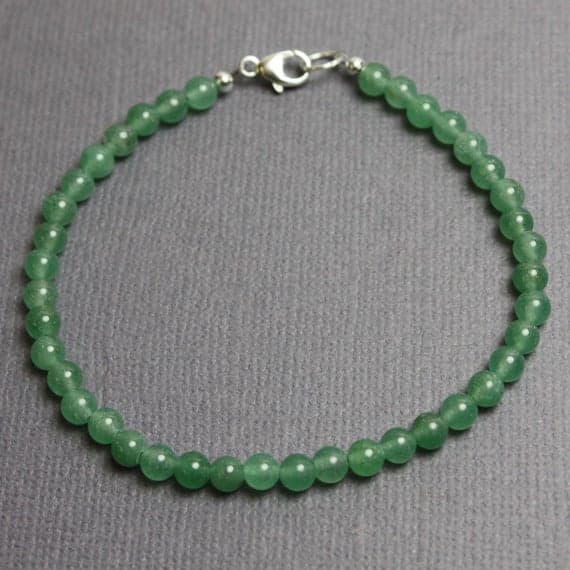 925 Steling Silver Artisan Loose 4 mm Stracking green Green Aventurine Bracelet Round, Smooth 7" for mens, womens, GF, BF, Adults.