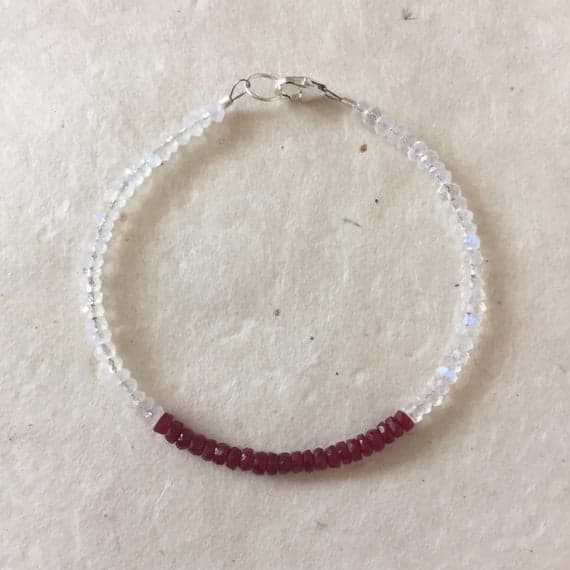 Ruby Moonstone Sterling Silver Beaded Bracelet, Sundance Style, Dainty Bracelet, July Birthstone, June Birthstone, Layering Bracelet 3-4mm Code- WAR6473
