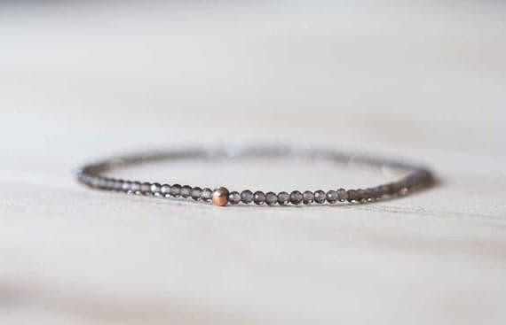 Rose Gold Rock Gift 2mm Brown Smoky Quartz  Stretchable Bracelet Round, Faceted 18cm for mens, womens, gf, bf and adults.